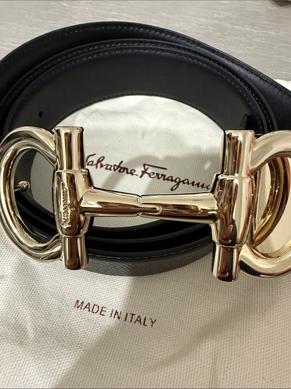 Salvatore Ferragamo Black Leather Belt with Gold Gancini Buckle